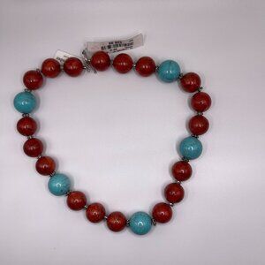 Genuine Coral & Turquoise Sterling Silver Beaded Necklace Handmade  Boho Jewelry